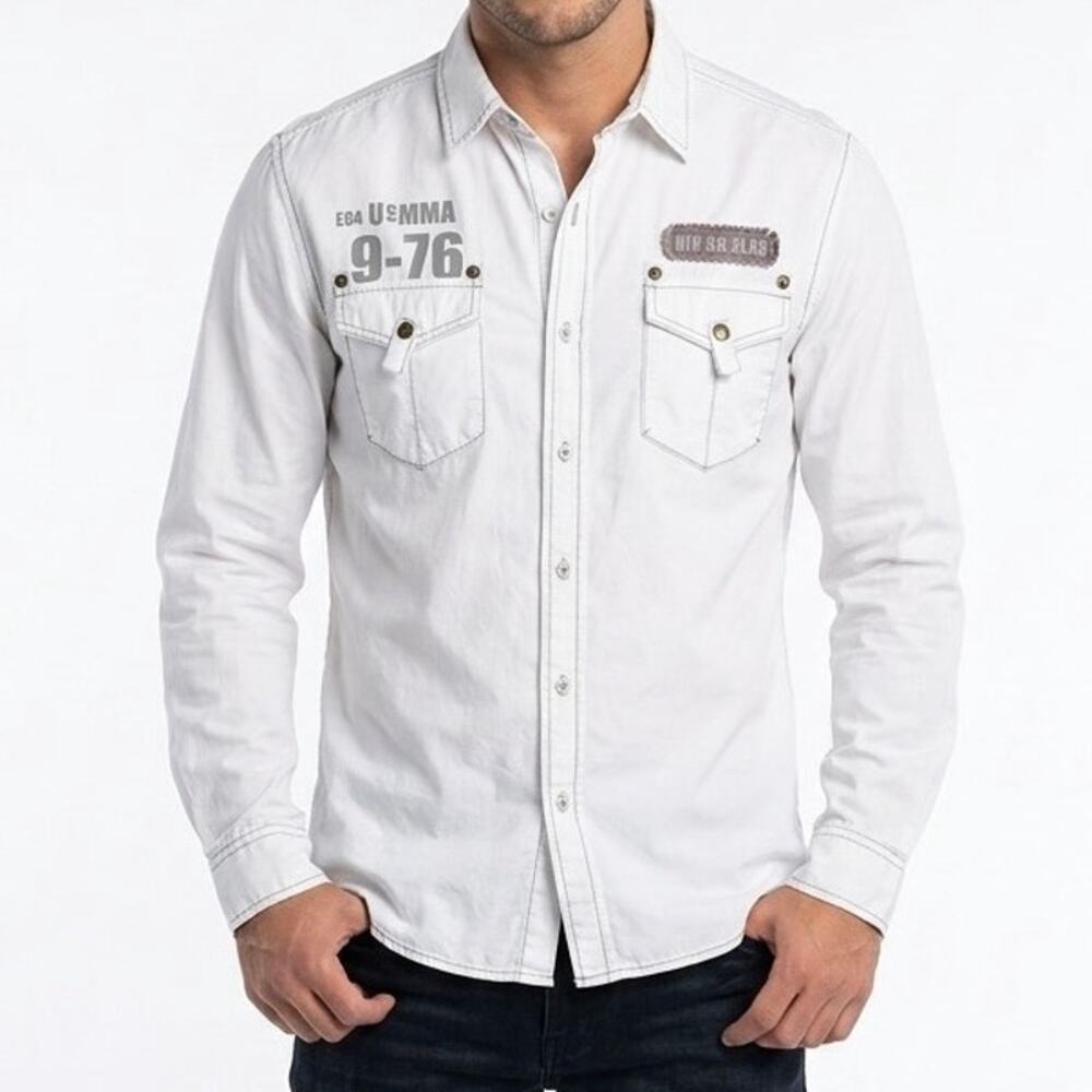 MMA Elite Men White Long Sleeve Button Down Graphic Pocket Cotton Shirt Size L
